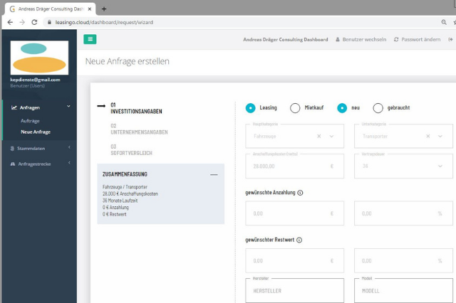 Personalisiertes leasinGo Dashboard für „Andreas Dräger Consulting