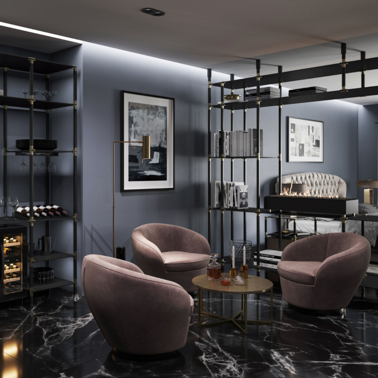 Wohnzimmer mit hohen Regalen